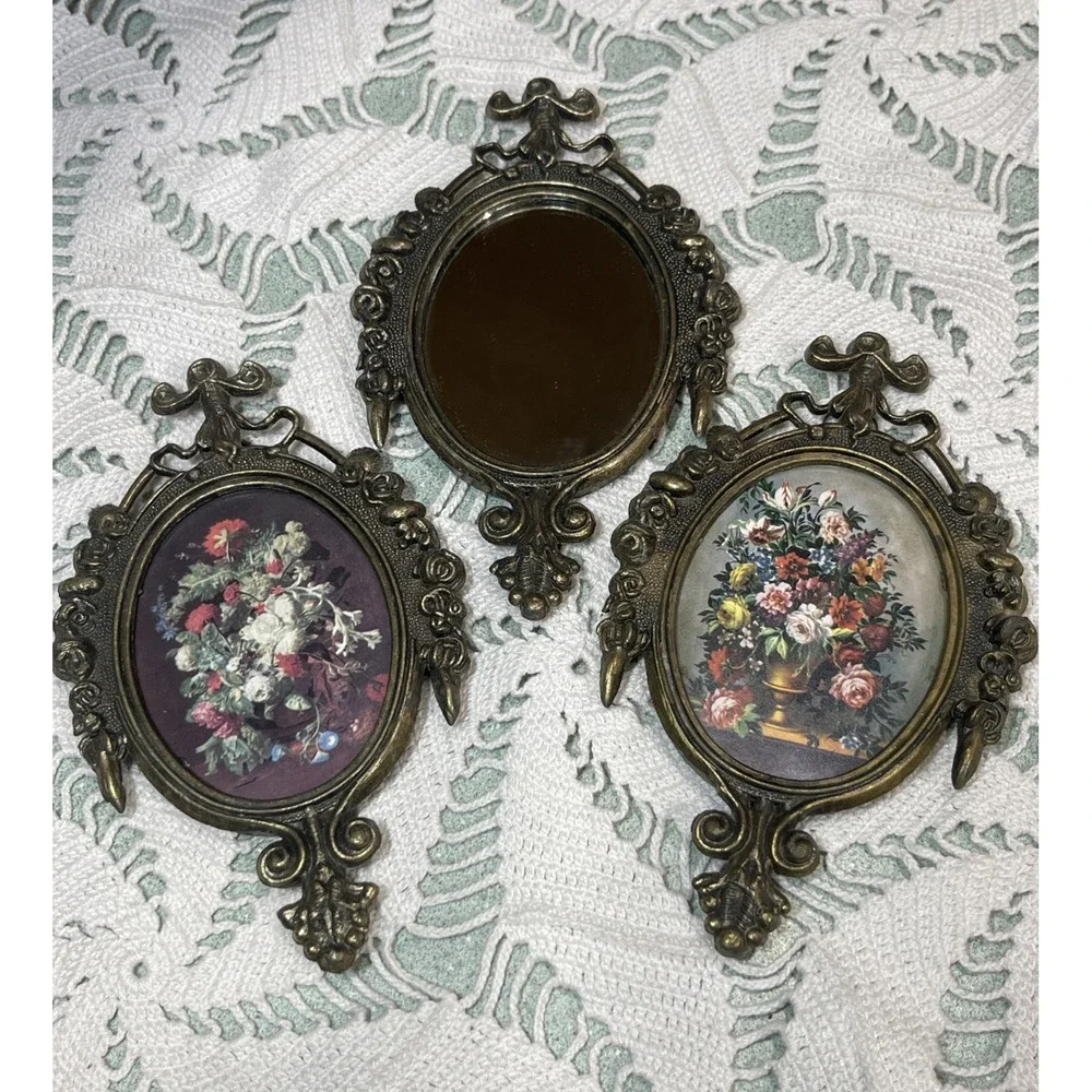 Vintage Victorian Brass Ornate Frames Floral Art and Mirrors Italy Set of 3